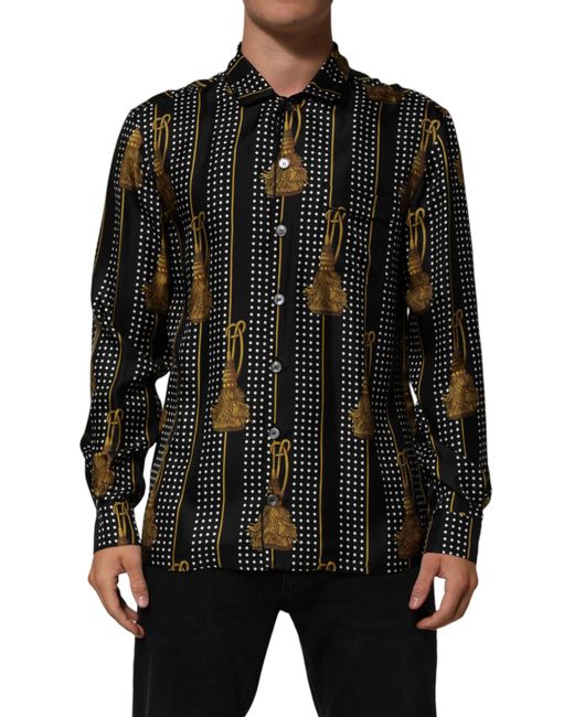 Dolce & Gabbana Black Dotted Tassel Silk Button Down Shirt for men