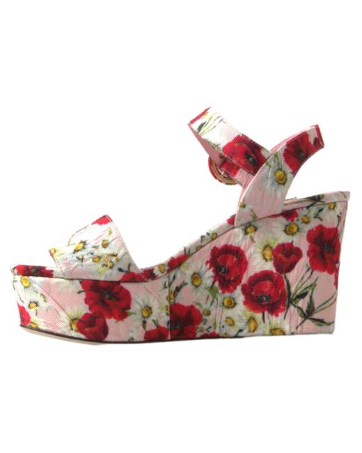 Dolce & Gabbana Red Multicolor Floral Print Wedges Floral Ankle Strap Sandals