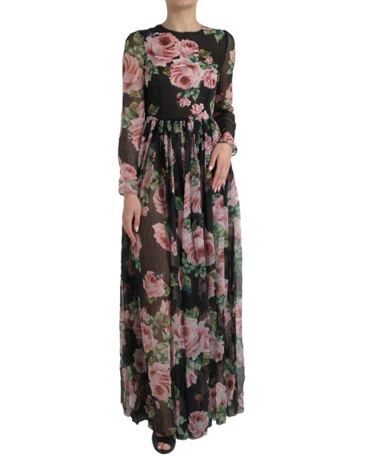 Dolce & Gabbana Black Elegant Silk Maxi Dres With Rose Print