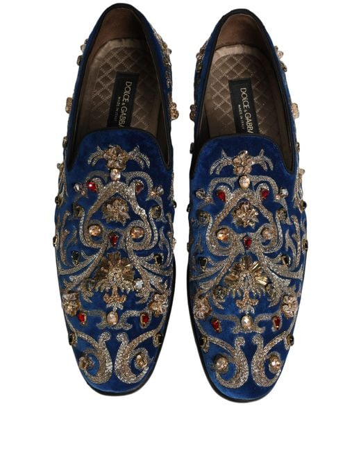 Dolce & Gabbana Blue Velvet Embellished Dress Loafers Shoes for men