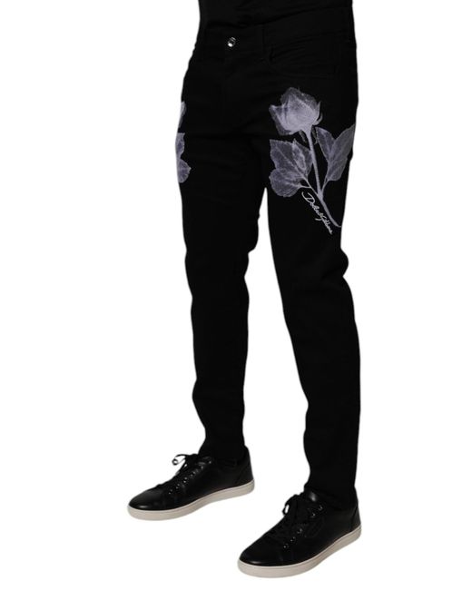 Dolce & Gabbana Black Floral Cotton Skinny Men Denim Jeans for men