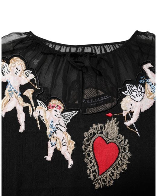 Dolce & Gabbana Black Sacred Heart Embroidered Crewneck Top for men