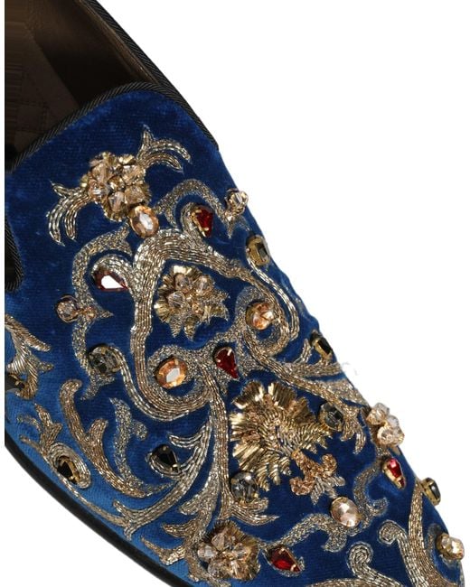 Dolce & Gabbana Blue Velvet Embellished Dress Loafers Shoes for men