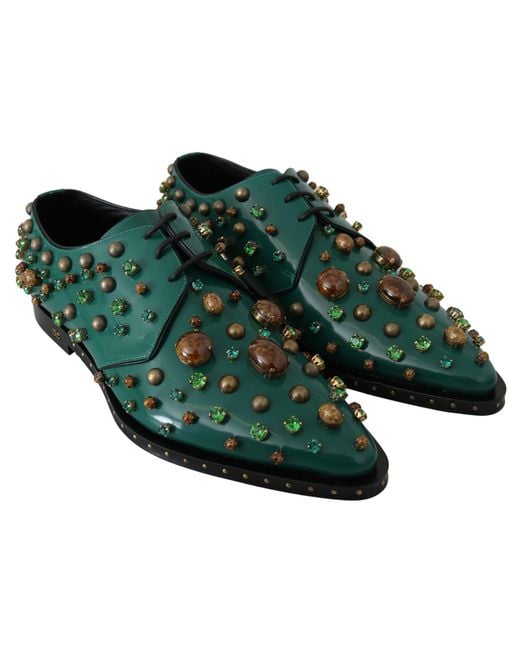 Dolce & Gabbana Green Emerald Leather Dress Shoes With Crystal Accents