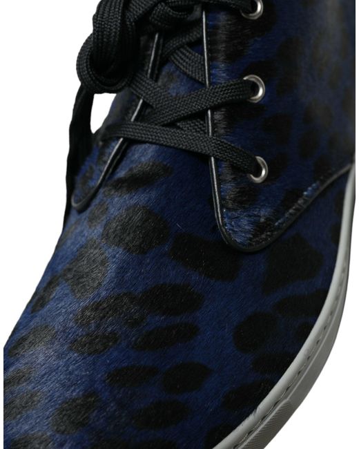 Dolce & Gabbana Blue Calfskin Leopard Mid Top Sneakers Shoes for men