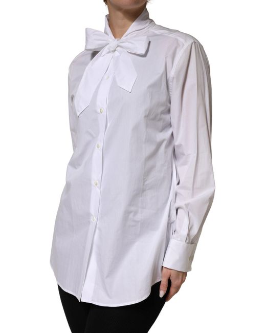Dolce & Gabbana Blue White Cotton Bow Tie Long Sleeves Blouse Top