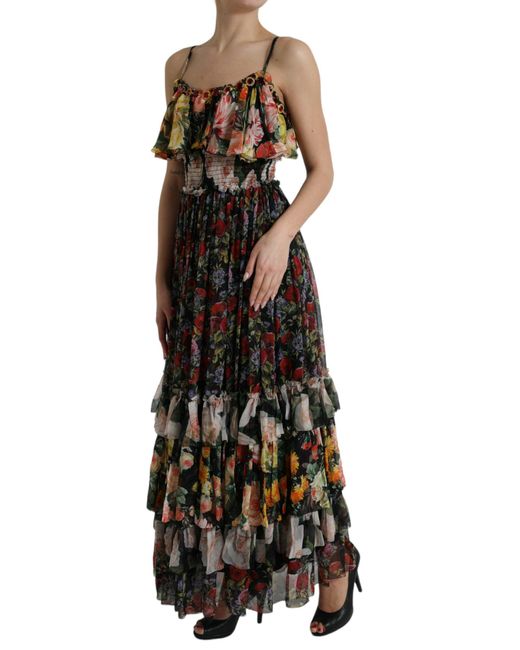 Dolce & Gabbana Black Multicolor Floral Chiffon Tiered Maxi Dress