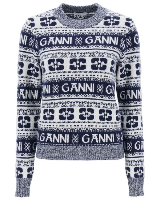 Ganni Blue Jacquard Wool Sweater With Logo Pattern