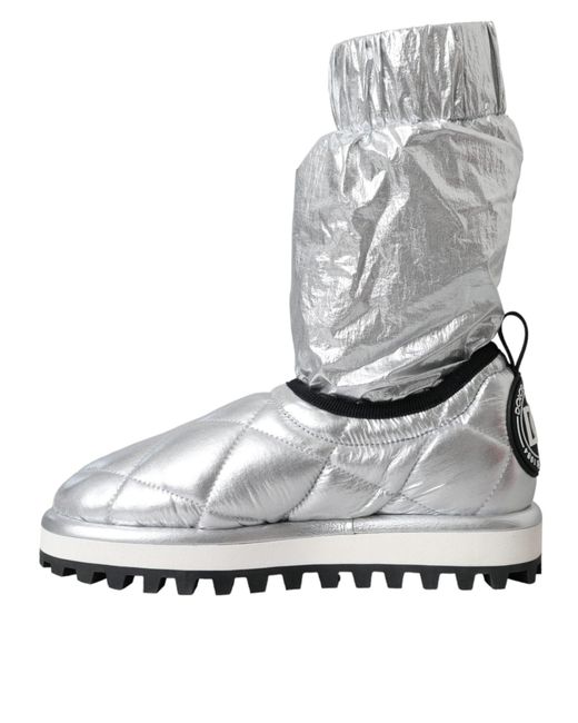 Dolce & Gabbana Gray Metallic Quilted Logo Patch Boot Shoes