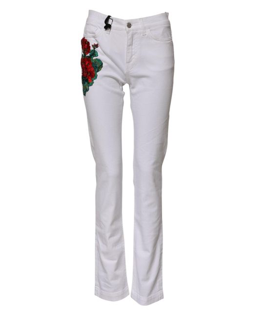 Dolce & Gabbana Gray White Floral Embroidery Girly Denim Jeans for men