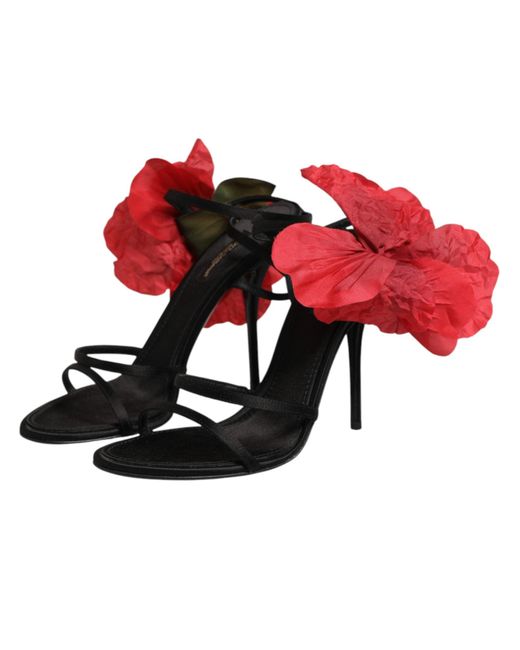 Dolce & Gabbana White Black Leather Strappy Flower Heels Sandals Shoes