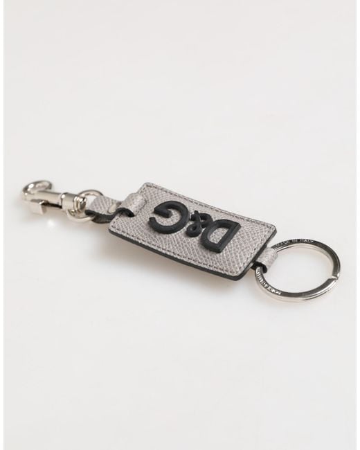 Dolce & Gabbana White Gray Leather Logo Metal Ring Keychain Holder Men Keyring for men