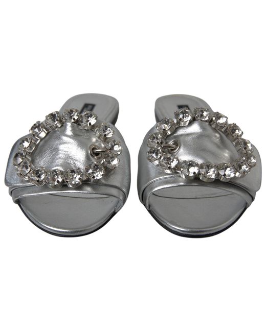 Dolce & Gabbana Black Silver Crystal Embellished Slides Flat Shoes