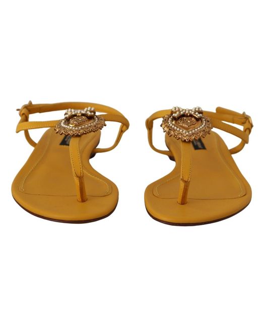 Dolce & Gabbana Black Mustard T-Strap Flat Sandals With Heart Embellishment