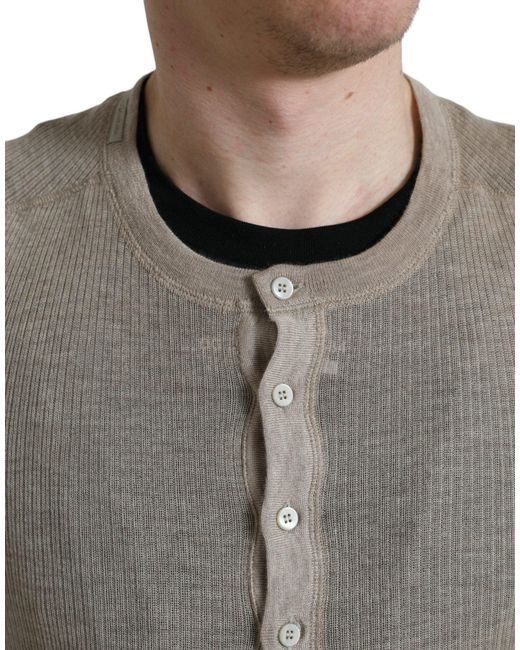 Dolce & Gabbana Gray Henley Pullover Beige Cashmere Sweater for men