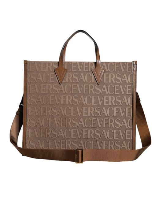 Versace Brown Top Handle Jacquard Leather Logo Crossbody Tote Bag