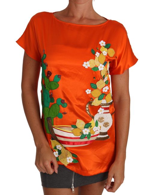 Dolce & Gabbana Silk Orange Lemon Crystal T-shirt Top