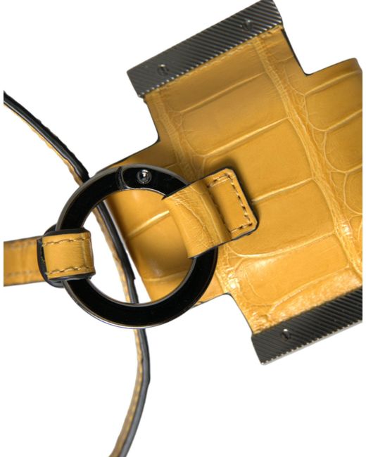 Dolce & Gabbana Metallic Yellow Crocodile Leather Logo Print Lanyard Keychain