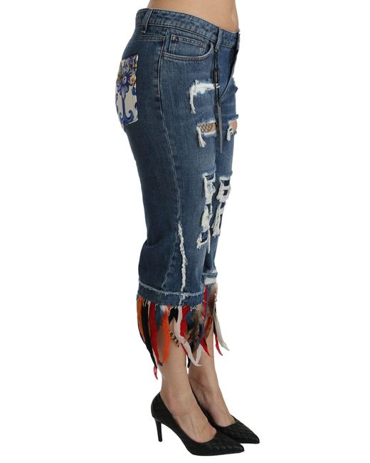 Dolce & Gabbana Dolce Gabbana Blue Feathers Low Waist Cropped Cotton Jeans