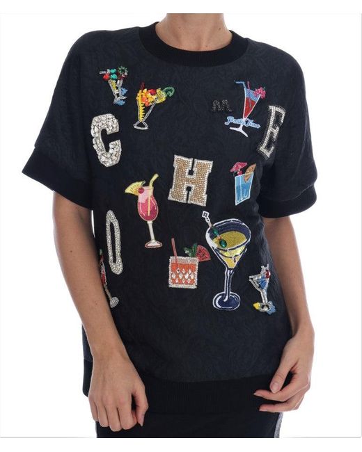 Dolce & Gabbana Blue Brocade Cocktail Crystal Sweater