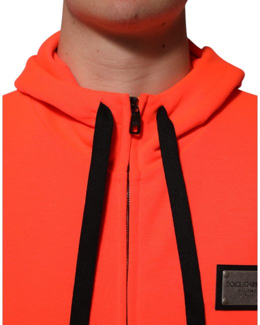 Dolce & Gabbana Red Fluorescent Polyester Logo Patch Hoodie Sweater for men