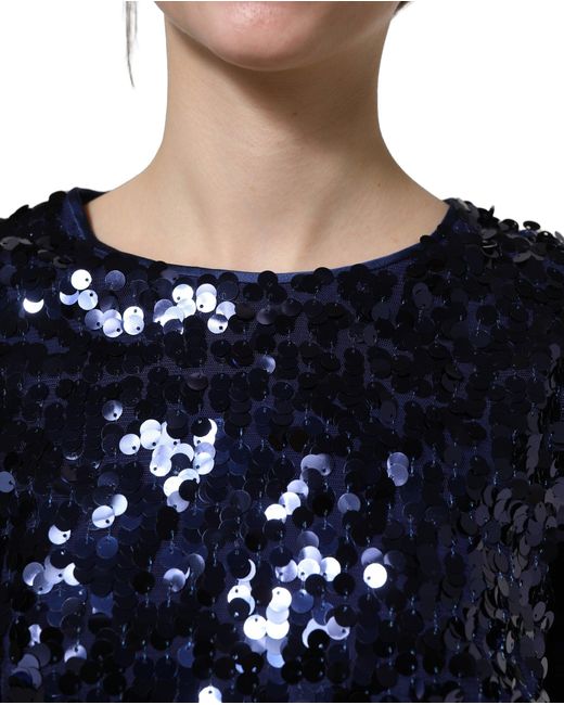Dolce & Gabbana Blue Sequined Long Sleeves Crop Blouse Top Nylon