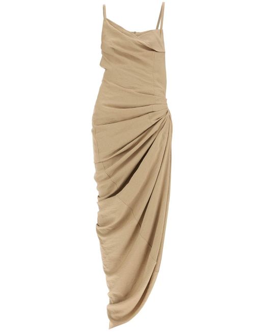 Jacquemus Natural La Robe Saudade Longue Asymmetric Draped Dress