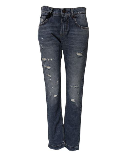Dolce & Gabbana Blue Cotton Tattered Boyfriend Denim Jeans for men