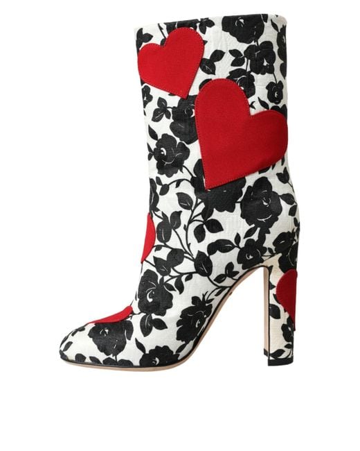 Dolce & Gabbana Red Floral Hearts Leather High Boots Shoes