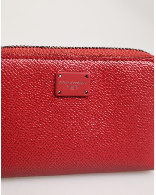Dolce & Gabbana Red Leather Zip Around Logo Plaque Men Coin Purse Wallet for men