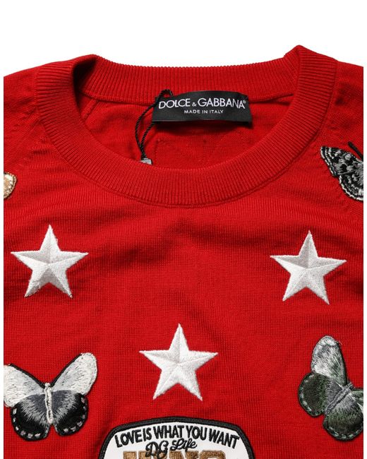 Dolce & Gabbana Blue Multicolor Wool Butterfly Star Men Crew Neck Sweater for men