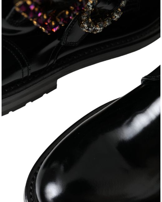 Dolce & Gabbana Black Leather Crystal Buckles Boots Shoes
