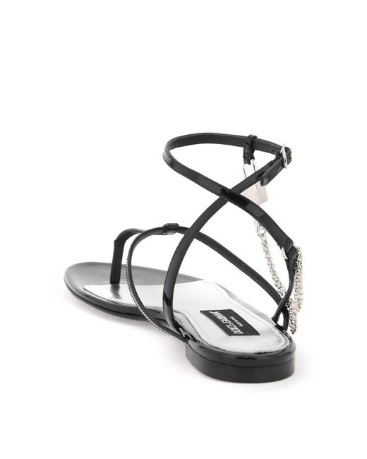 Dolce & Gabbana White Patent Leather Thong Sandals With Padlock