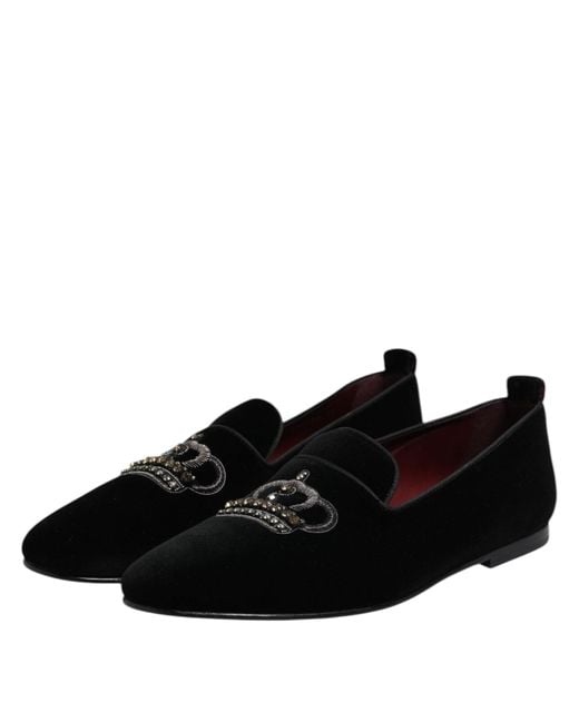 Dolce & Gabbana Black Velvet Crystal Crown Loafers Shoes for men