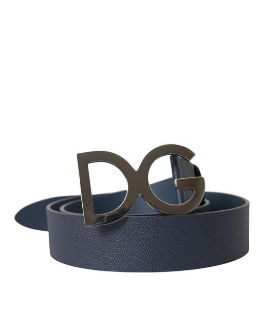 Dolce & Gabbana Blue Leather Logo Metal Buckle Belt for men