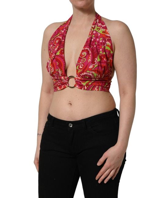 Dolce & Gabbana Red Paisley Silk Halter Neck Crop Tank Top