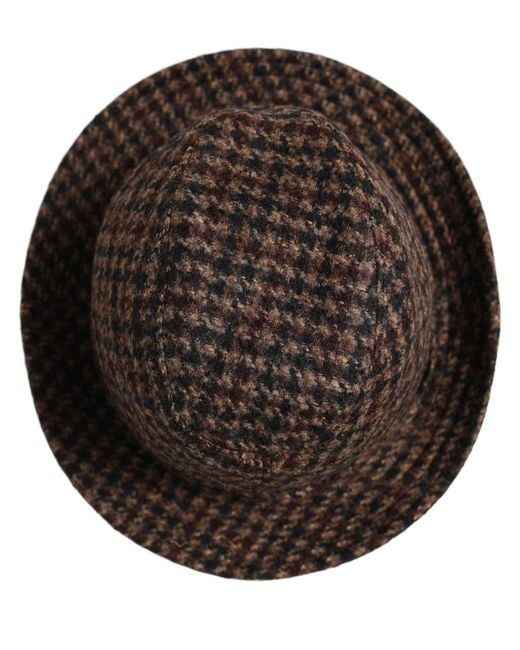 Dolce & Gabbana Black Brown Checkered Wool Tweed Fedora Capello Hats