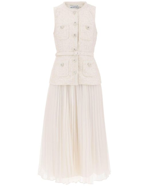 Self-Portrait White Self Portrait Midi Peplum Dress With Pleated Skirt
