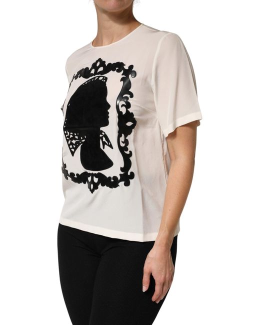 Dolce & Gabbana White Silk Silhouette Detail Short Sleeve Top