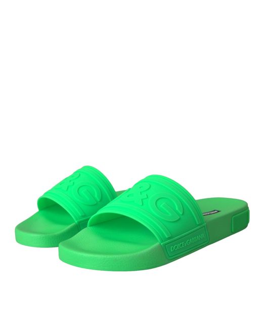 Dolce & Gabbana Green Leather Slides Sandals Beachwear Shoes for men