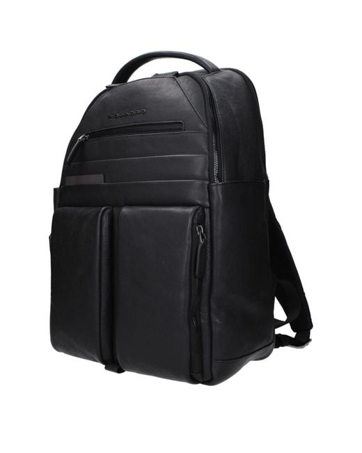 Piquadro Black Leather Backpack for men
