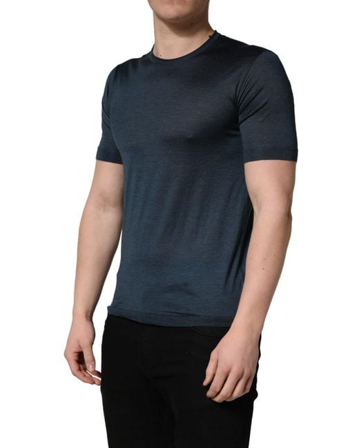 Dolce & Gabbana Black Dark Blue Silk Crew Neck Short Sleeve T for men