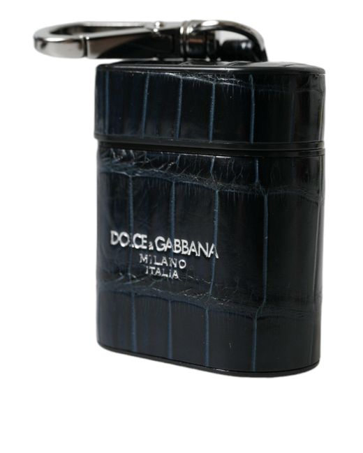 Dolce & Gabbana Black Crocodile Leather Silver Metal Logo Airpods Case