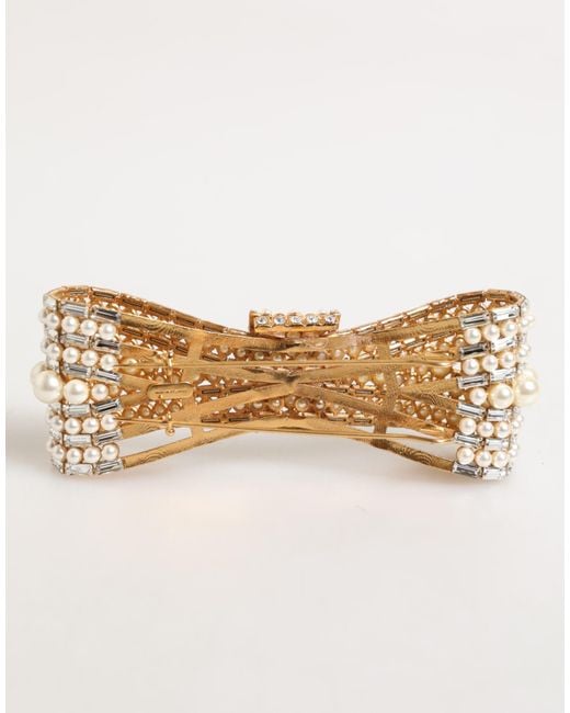 Dolce & Gabbana Natural Brass Glas Crystal Faux Pearl Embellished Brooch