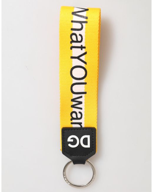Dolce & Gabbana Metallic Yellow Logo Polyester Silver Brass Holder Keychain Keyring for men
