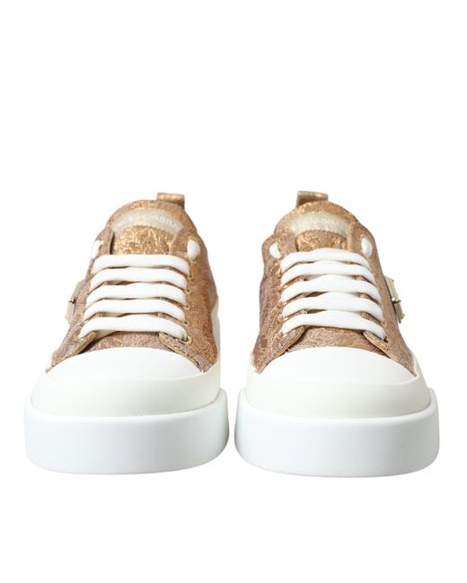 Dolce & Gabbana Brown Gold White Brocade Low Top Sneakers Shoes