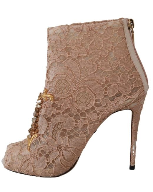 Dolce & Gabbana Brown Crystal Lace Booties Stilettos Shoes