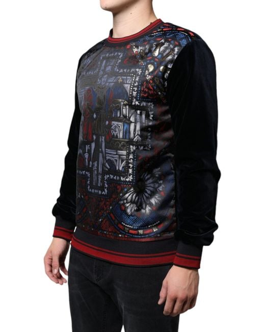 Dolce & Gabbana Black Multicolor Jacquard Crew Neck Sweatshirt Sweater for men
