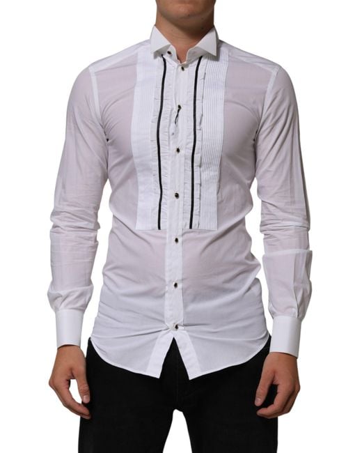 Dolce & Gabbana Purple White Cotton Collared Long Sleeve Gold Dress Shirt for men