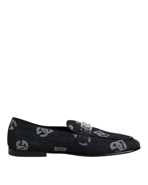 Dolce & Gabbana Black Blue Logo Cotton Loafers Formal Dress Shoes for men